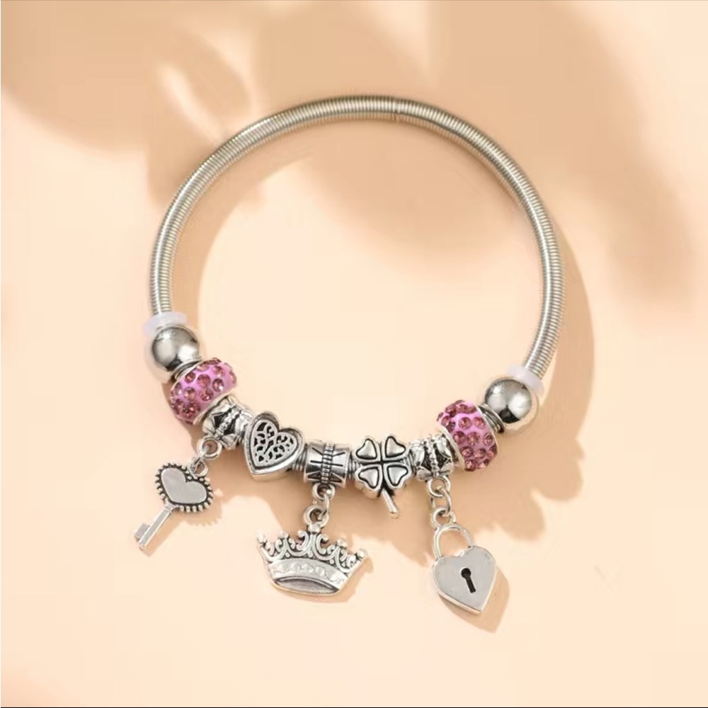 Pink Key & Lock Charm Bangle Bracelet